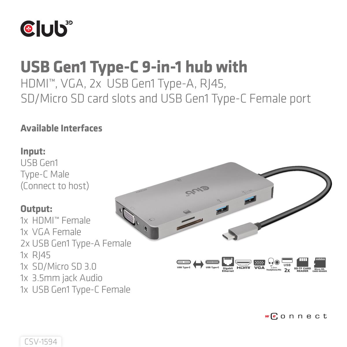 USB Gen1 Type-c 9-in-1 Hub With Hdmi Vga 2x USB Gen1