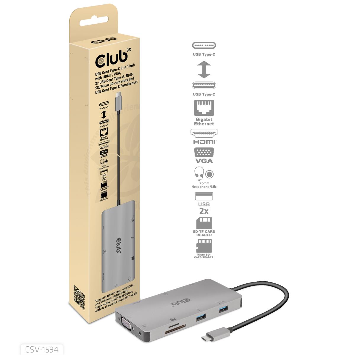 USB Gen1 Type-c 9-in-1 Hub With Hdmi Vga 2x USB Gen1