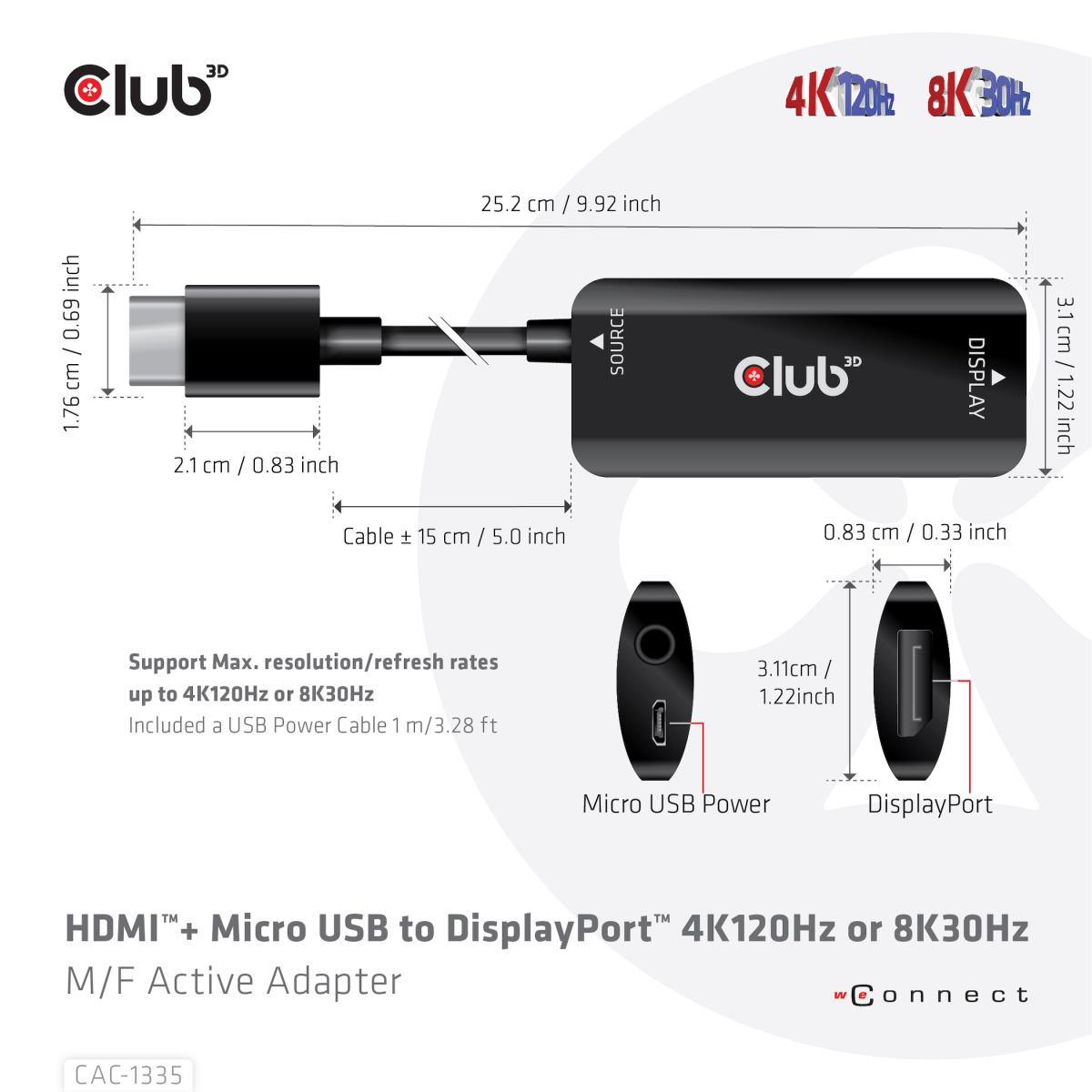 Hdmi+ Micro USB To DisplayPort 4k120hz Or 8k30hz M/f Active Adapter