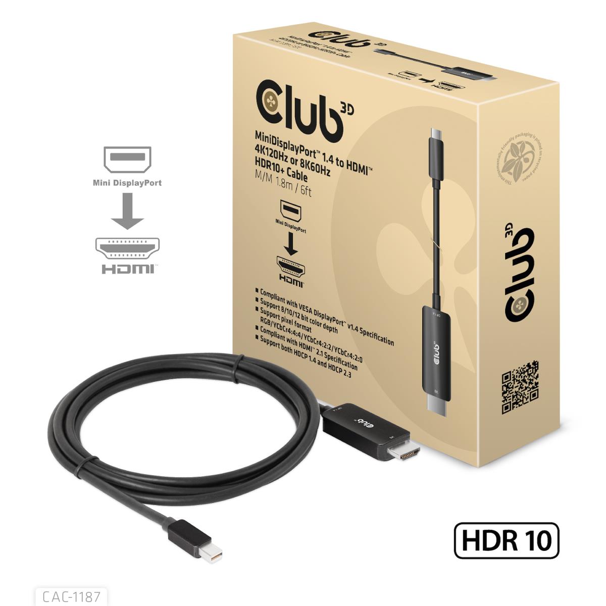 MiniDisplayPort 1.4 To Hdmi 4k120hz Or 8k60hz Hdr10+ Cable M/m 1.8m