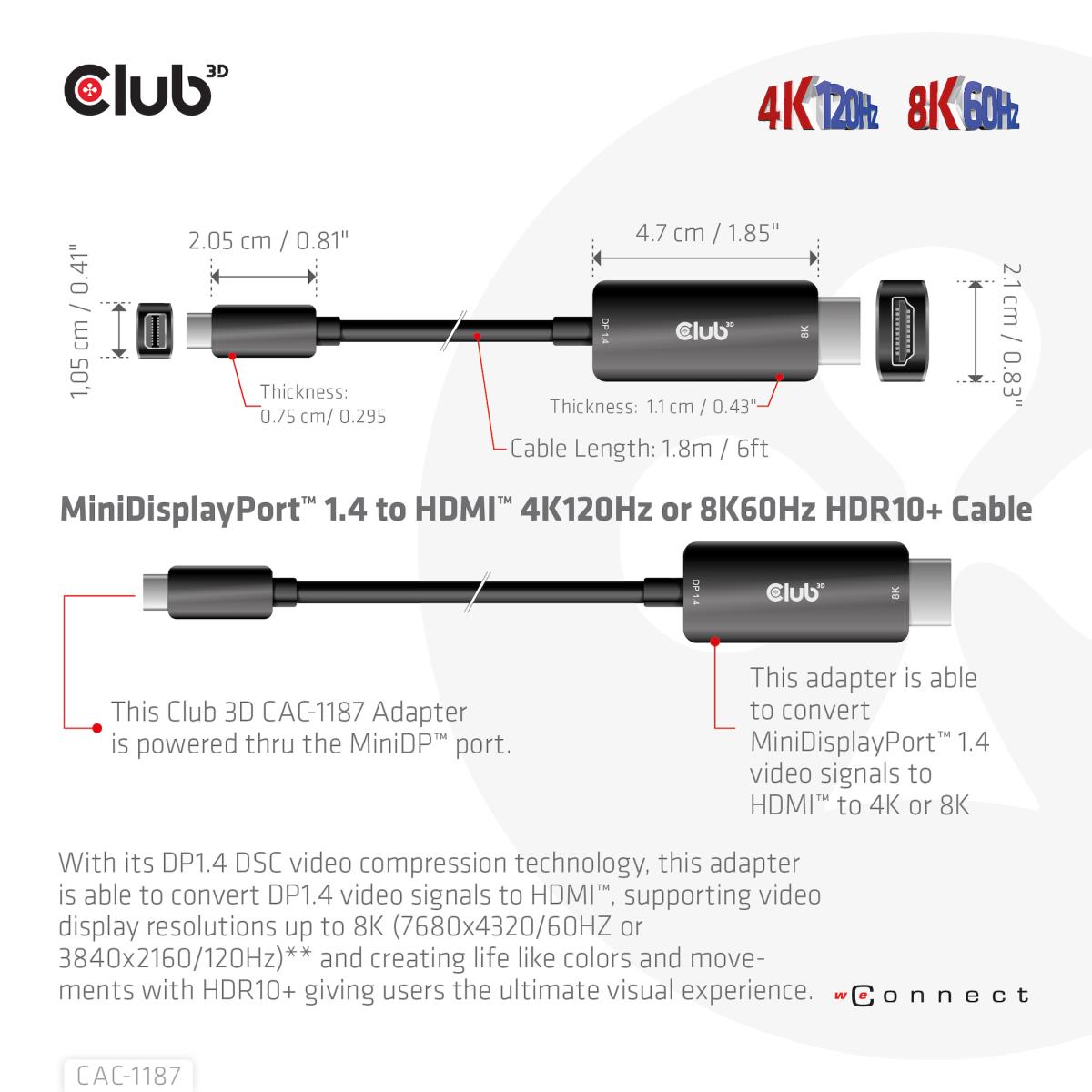 MiniDisplayPort 1.4 To Hdmi 4k120hz Or 8k60hz Hdr10+ Cable M/m 1.8m