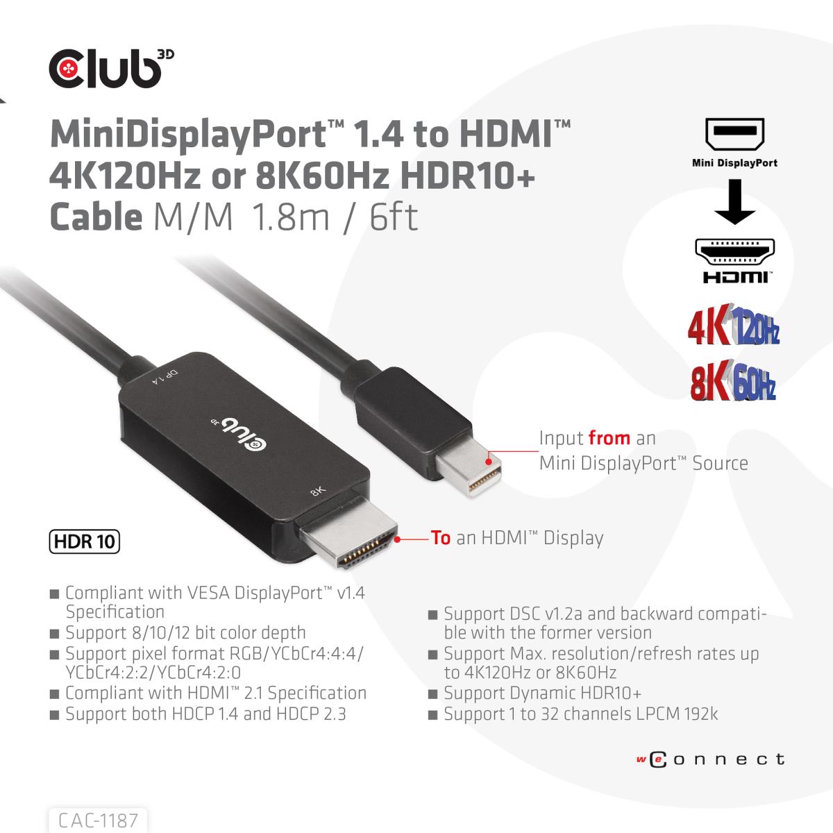 MiniDisplayPort 1.4 To Hdmi 4k120hz Or 8k60hz Hdr10+ Cable M/m 1.8m