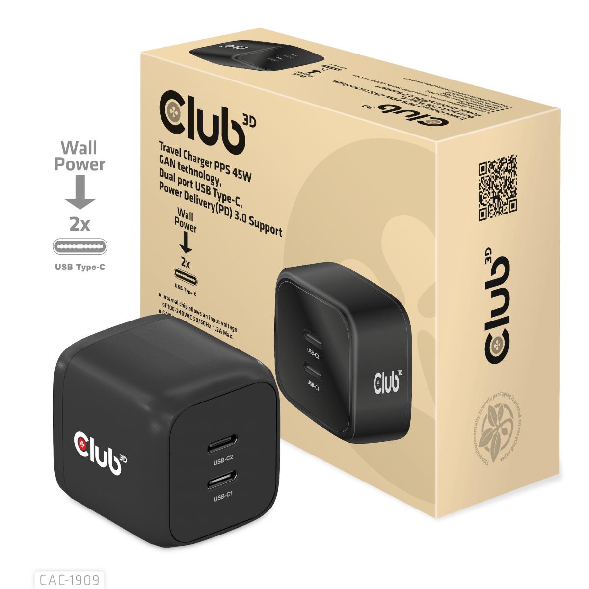 Travel Charger Pps 45w Gan Technology Dual Port USB Type-c Power Delivery(pd) 3.0 Support