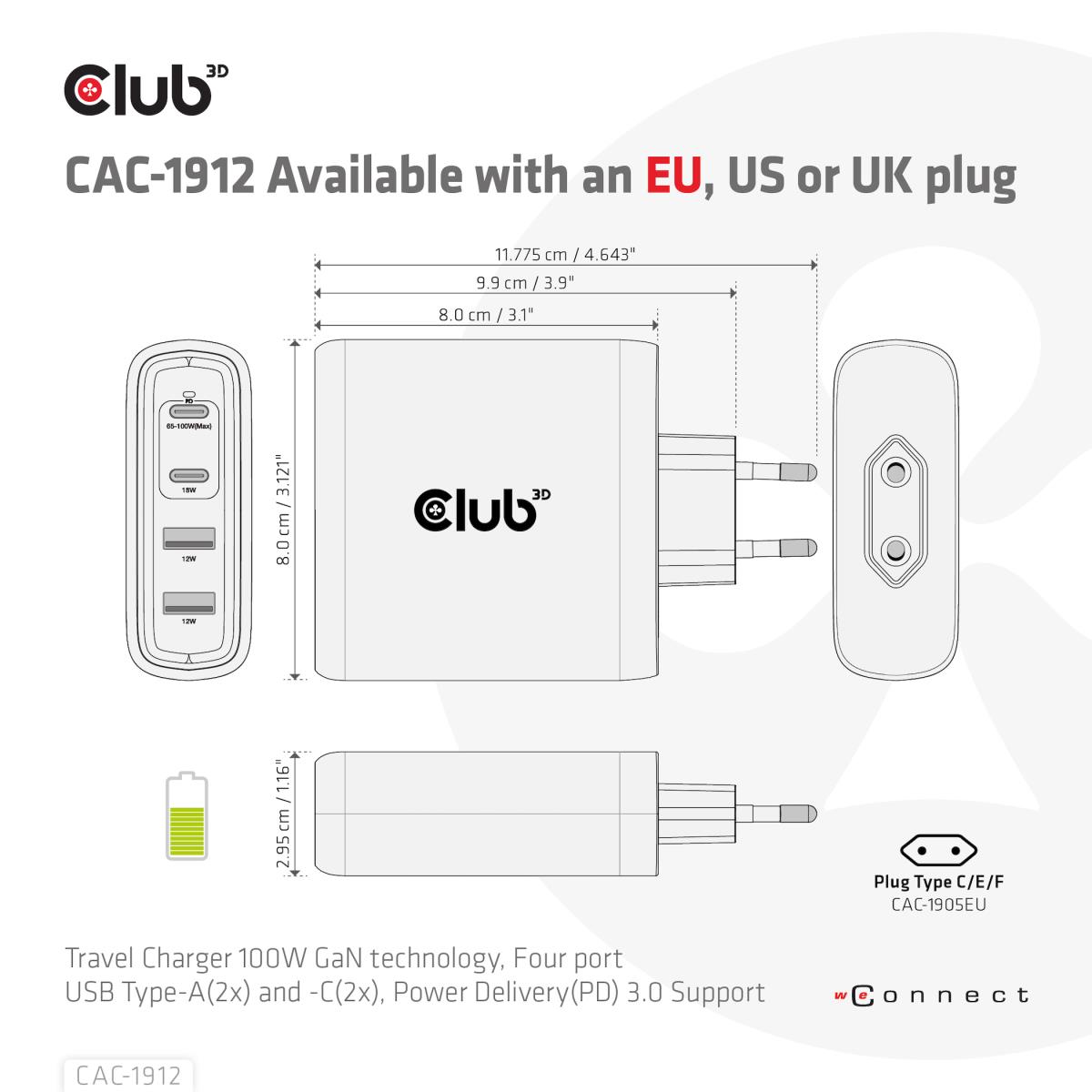 Travel Charger 100w Gan Technology Type-a(2x) And -c(2x) Power Delivery(pd) 3.0support