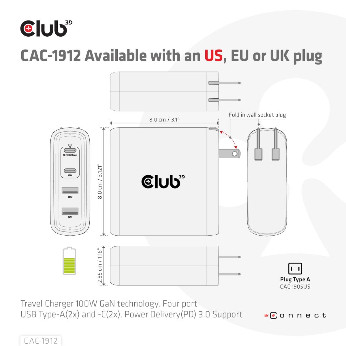 Travel Charger 100w Gan Technology Type-a(2x) And -c(2x) Power Delivery(pd) 3.0support