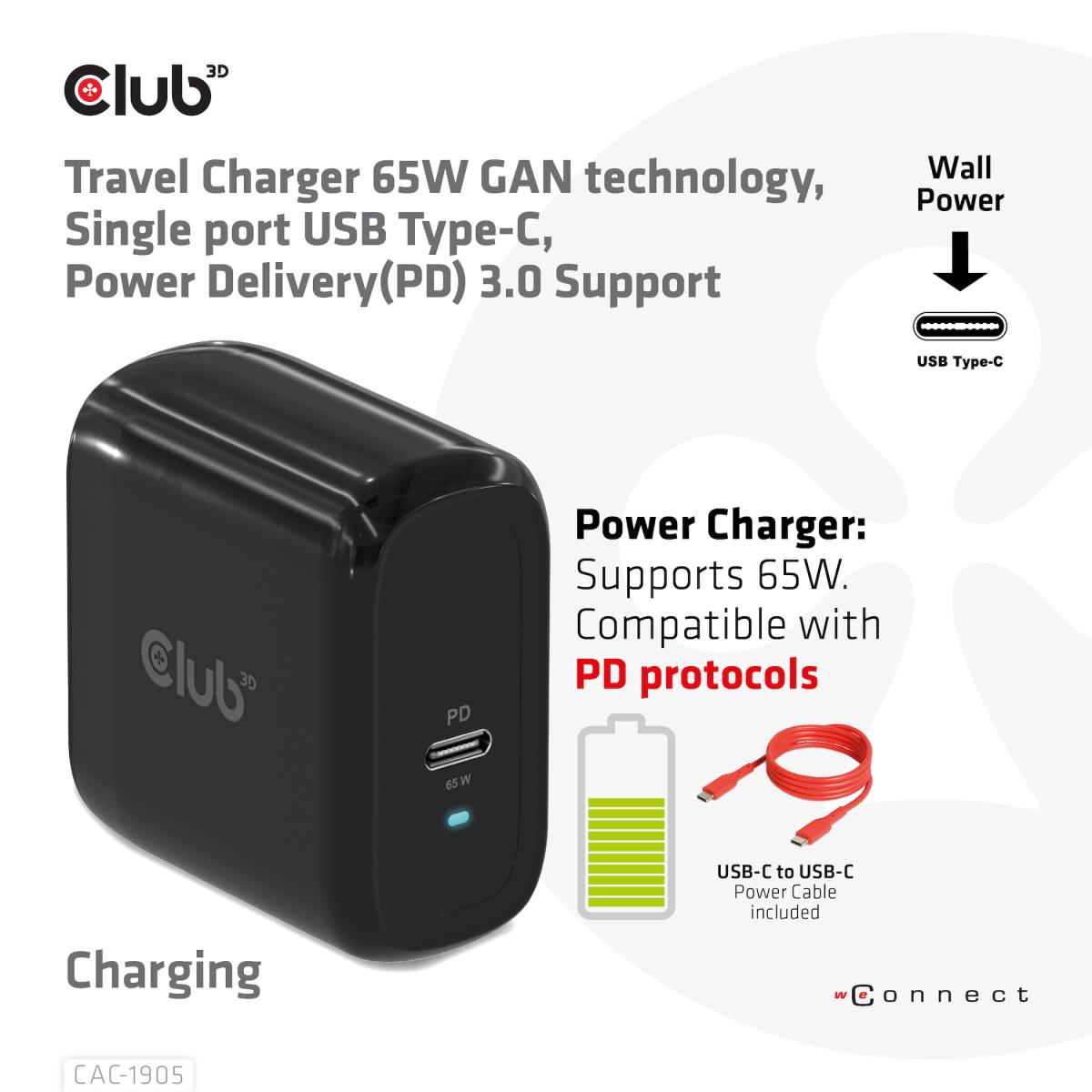 Travel Charger Pps 65w Gan Technology Single Port USB Type-c Power Delivery(pd)3.0 Support