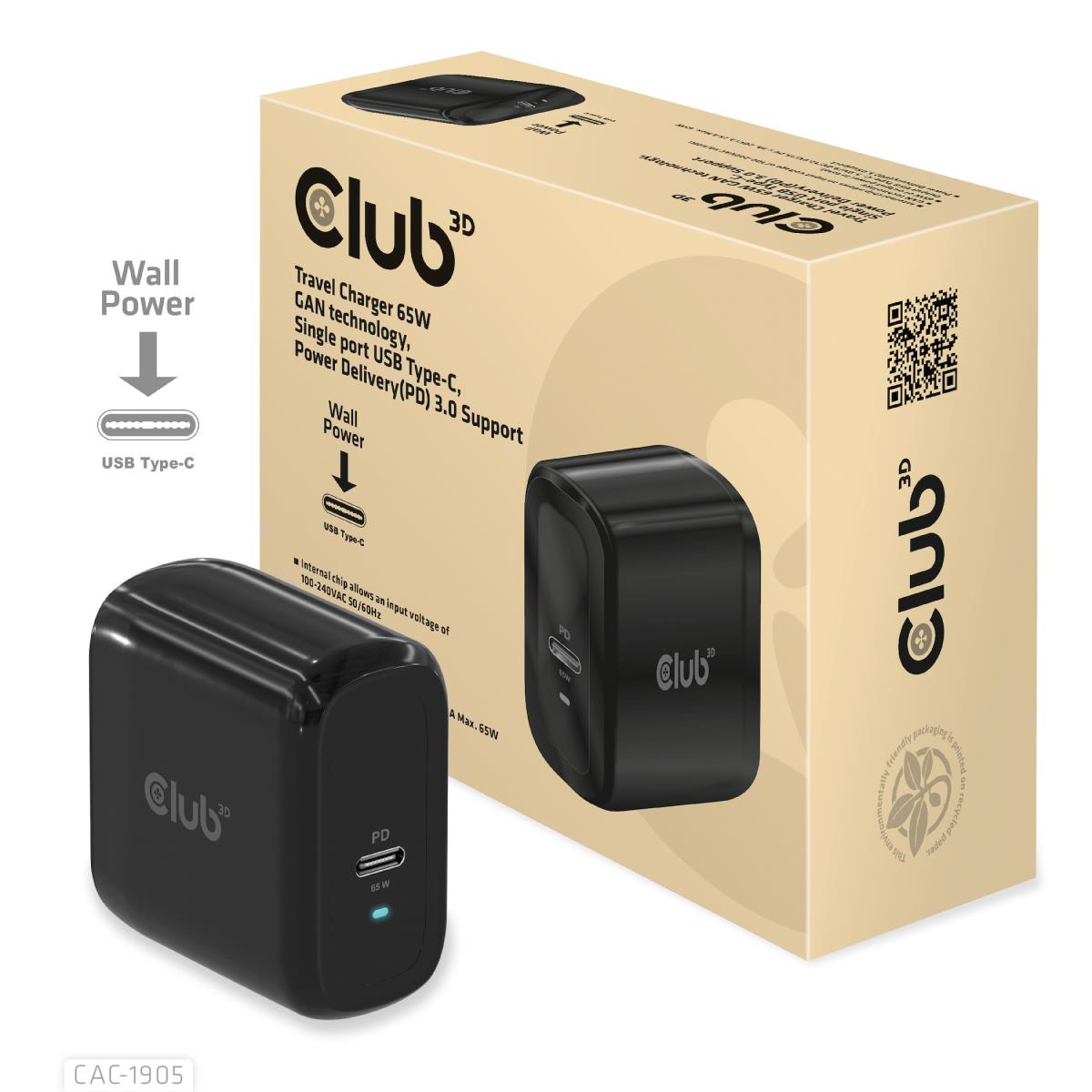 Travel Charger Pps 65w Gan Technology Single Port USB Type-c Power Delivery(pd)3.0 Support