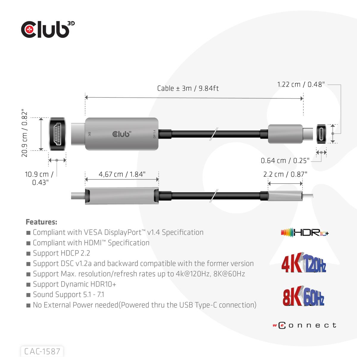 USB Gen2 Type-c To Hdmi 4k120hz 8k60hz Hdr10 With Dsc1.2 Active Cable M/m 3m
