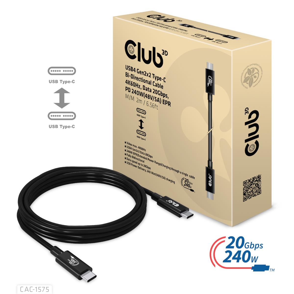 USB4 Gen2x2 Type-c Bi-directional Cable 4k60hz, Data 20gbps, Pd 240w(48v/5a) Epr M/m 2m