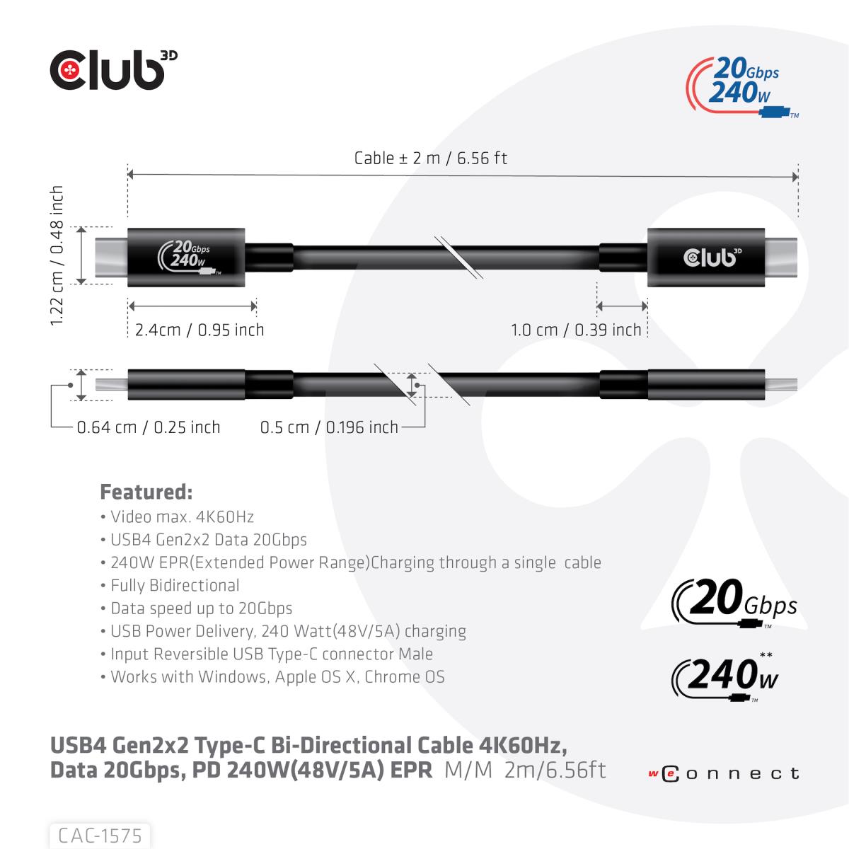 USB4 Gen2x2 Type-c Bi-directional Cable 4k60hz, Data 20gbps, Pd 240w(48v/5a) Epr M/m 2m