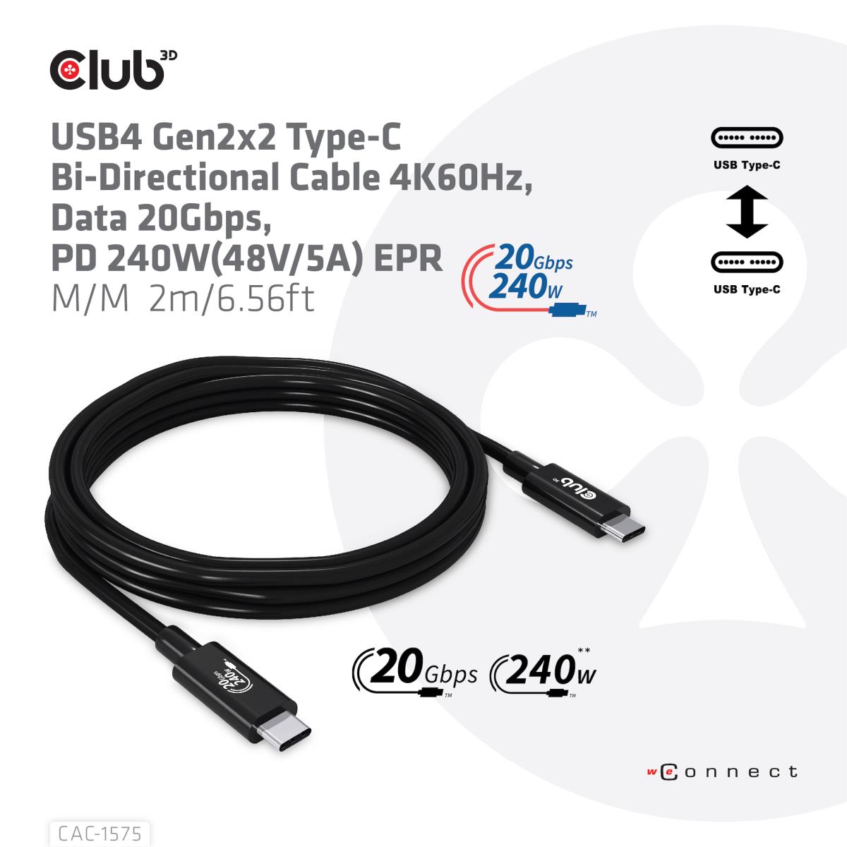 USB4 Gen2x2 Type-c Bi-directional Cable 4k60hz, Data 20gbps, Pd 240w(48v/5a) Epr M/m 2m