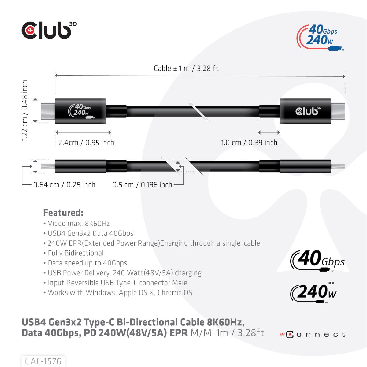 USB4 Gen3x2 Type-c Bi-directional Cable 8k60hz, Data 40gbps, Pd 240w(48v/5a) Epr M/m 1m