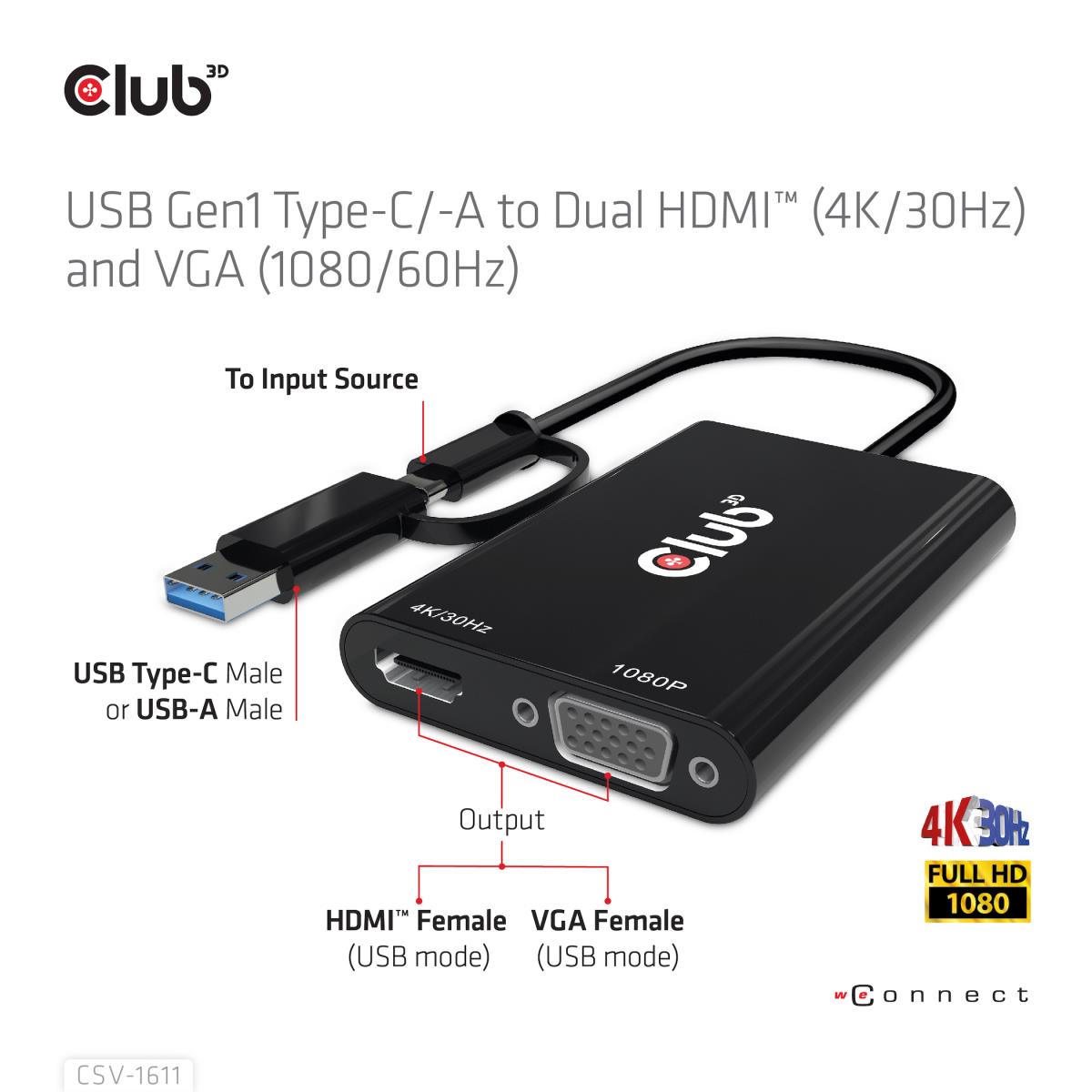 Csv-1611 USB Gen1 Type-c/-a To Dual Hdmi (4k/30hz) / Vga (1080/60hz)