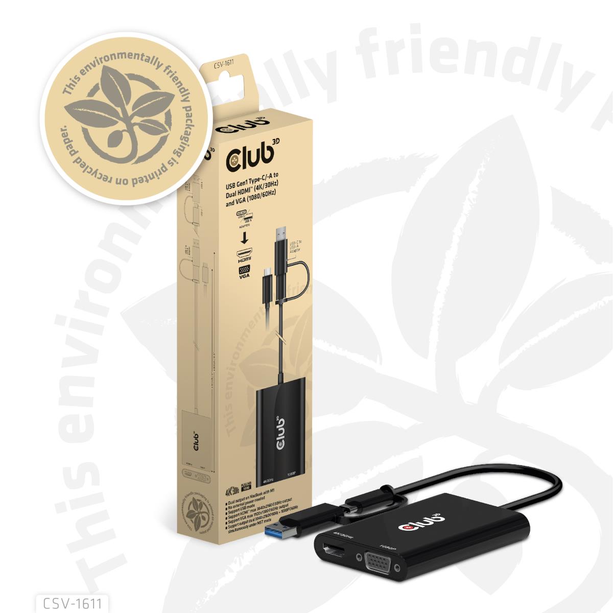 Csv-1611 USB Gen1 Type-c/-a To Dual Hdmi (4k/30hz) / Vga (1080/60hz)
