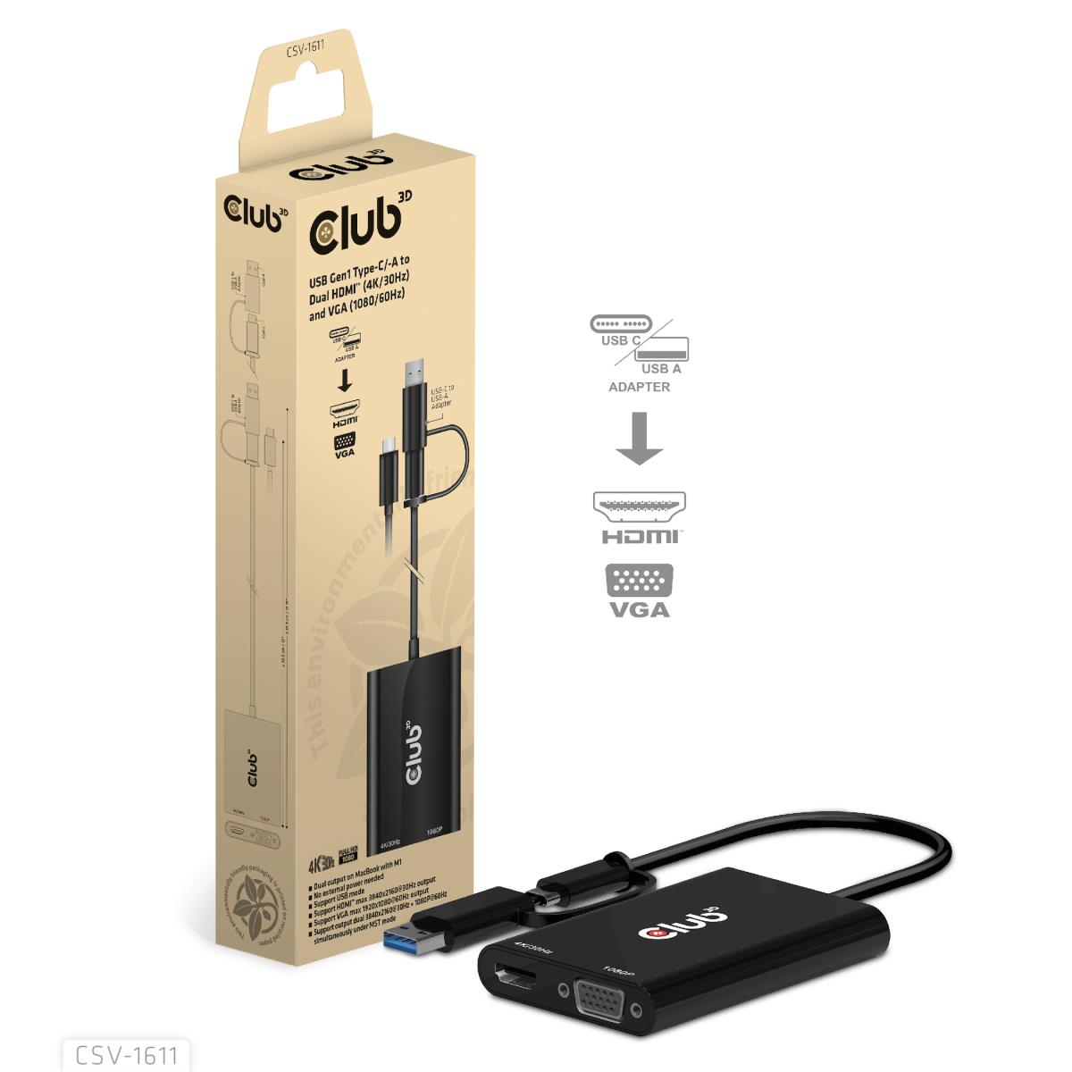 Csv-1611 USB Gen1 Type-c/-a To Dual Hdmi (4k/30hz) / Vga (1080/60hz)