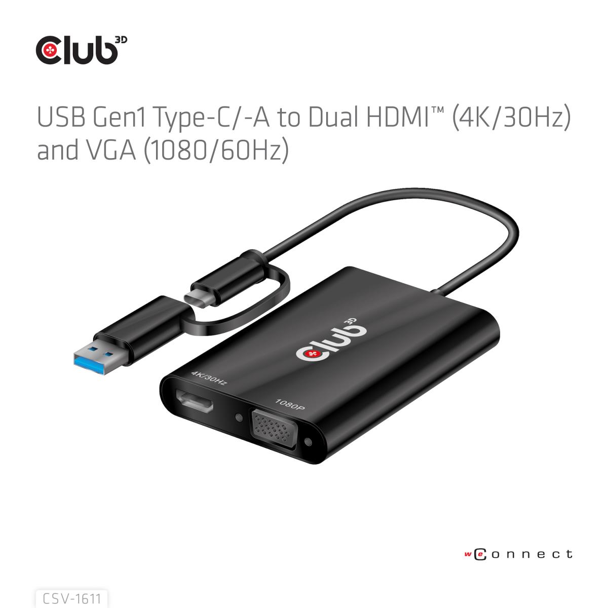 Csv-1611 USB Gen1 Type-c/-a To Dual Hdmi (4k/30hz) / Vga (1080/60hz)