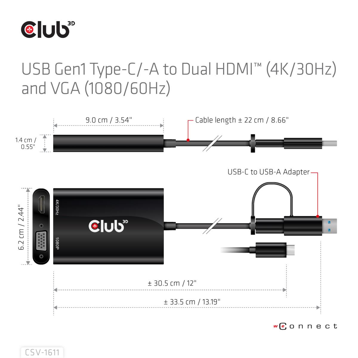 Csv-1611 USB Gen1 Type-c/-a To Dual Hdmi (4k/30hz) / Vga (1080/60hz)