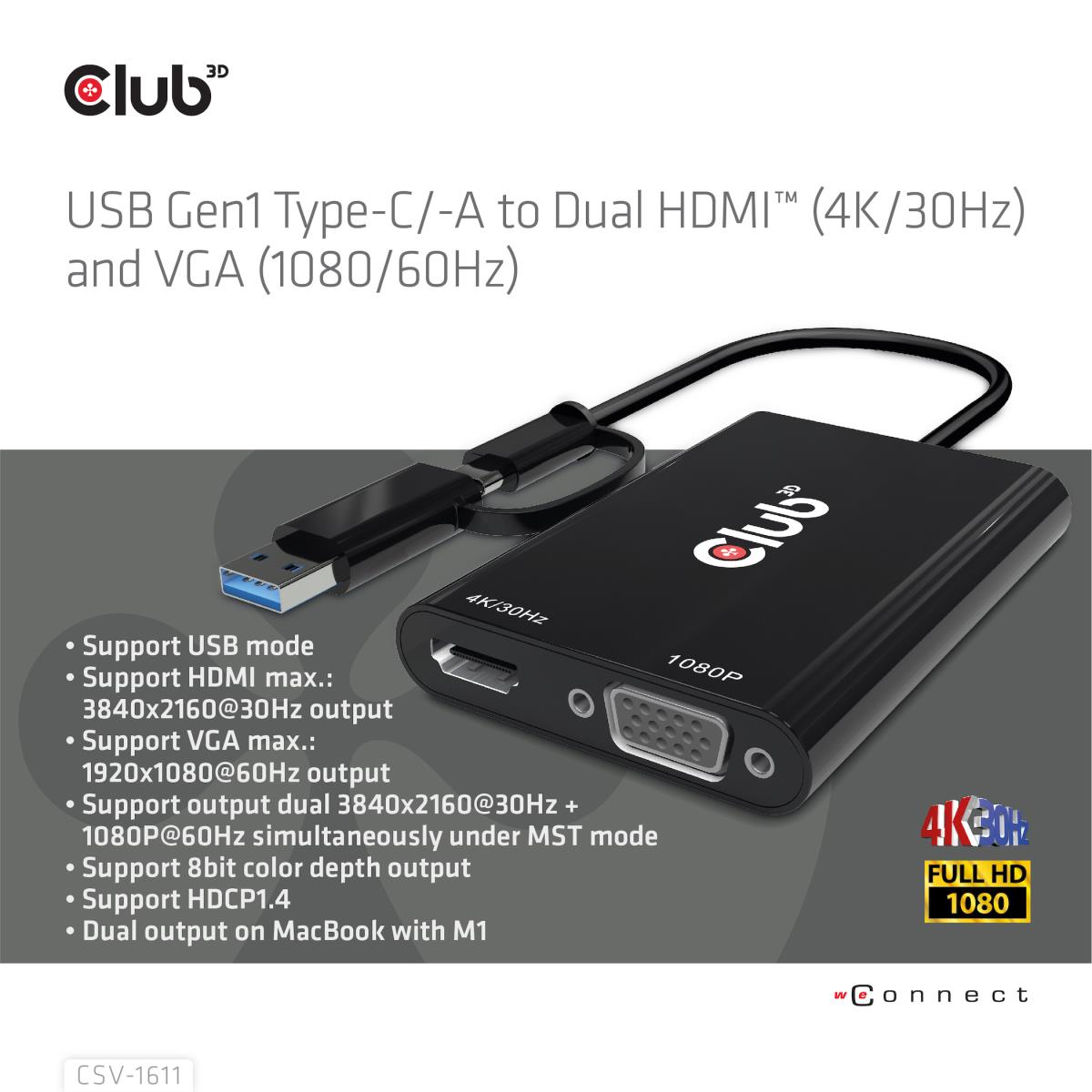Csv-1611 USB Gen1 Type-c/-a To Dual Hdmi (4k/30hz) / Vga (1080/60hz)