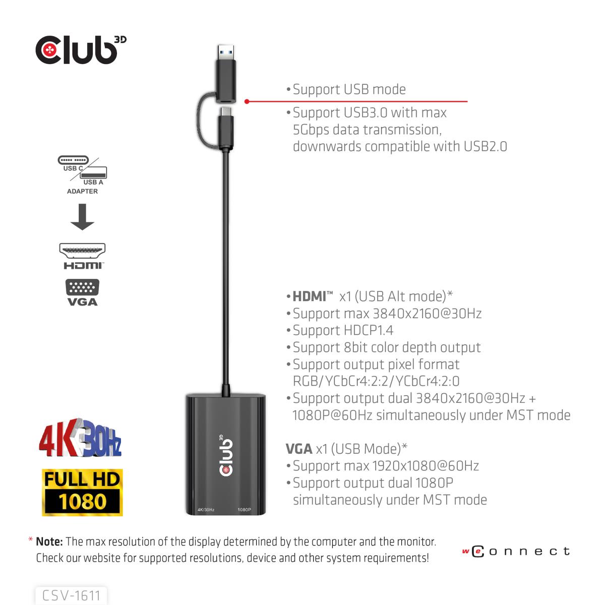 Csv-1611 USB Gen1 Type-c/-a To Dual Hdmi (4k/30hz) / Vga (1080/60hz)