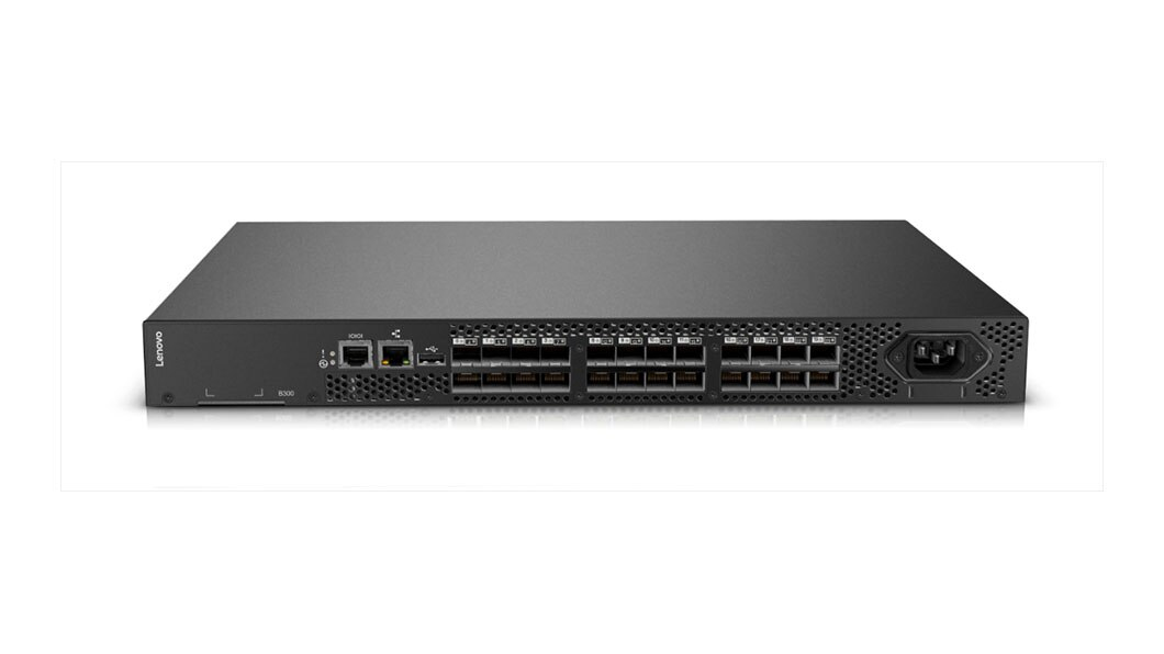 B300, E_Port license, 8 ports activated, 8x 8GB SWL SFPs, 1 PS, Rail Kit, 1 Year FW