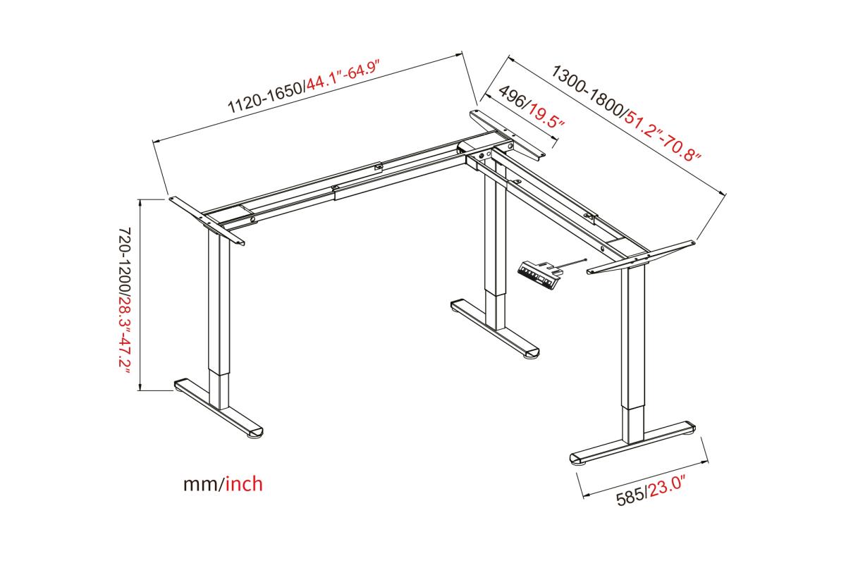 Electric Height Adjustable Desk Frame - 3-leg  - 124-208cm height - 120kg load - white