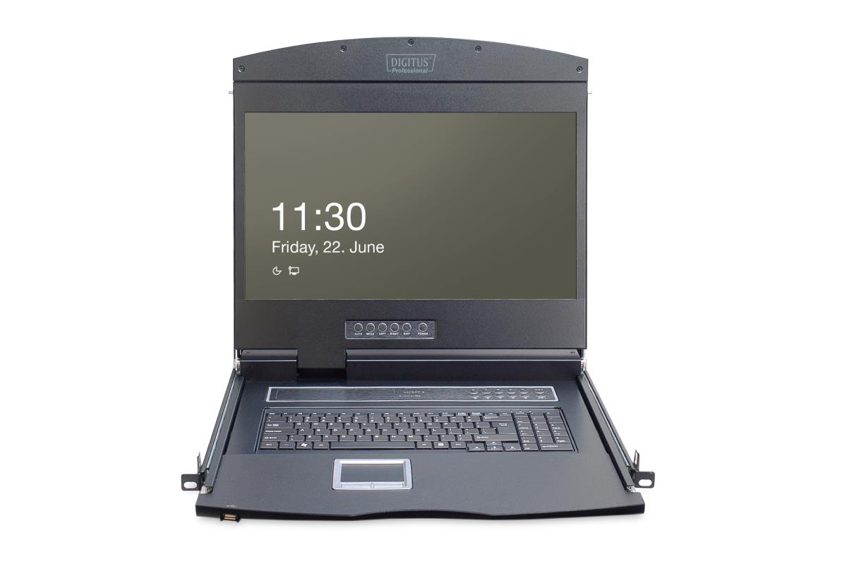 Modularized 48,3cm (19in) TFT console with 16 port KVM, RAL 9005 black - CH keyboard