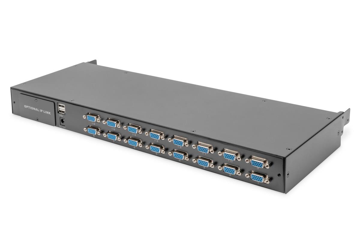 Modularized 43,2cm HD LCD TFT console, 16 Port VGA,  with 16 port VGA KVM, CH keyboard, RAL 9005 black - IT Keybaord