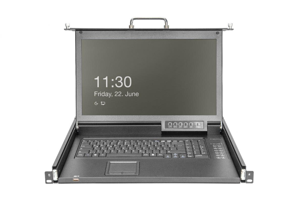 Modularized 43,2cm (17in) HD LCD TFT console with 8 port Cat5 KVM 8 Cat5 VGA Dongle - UK keyboard