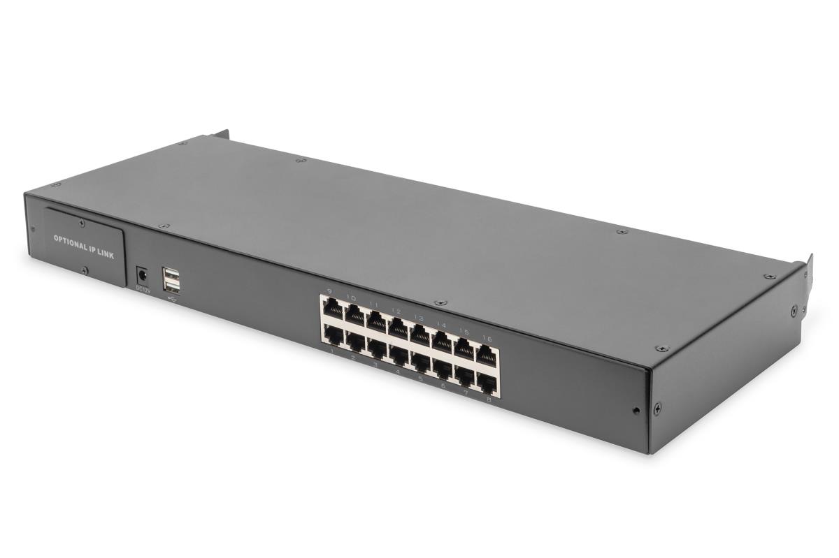 Modularized 43.2cm (17IN) HD TFT console with 16 port CAT5. RAL 9005 black. US keyboard