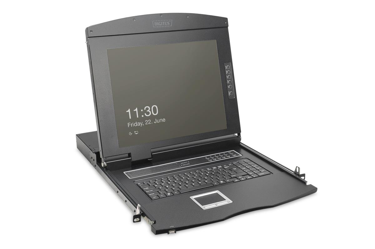 Modularized 43.2cm (19in) HD TFT console with 8 port CAT5. RAL 9005 black - FR keyboard