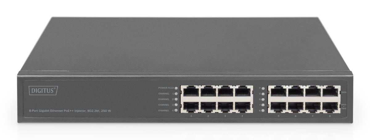 Gigabit Ethernet PoE+ Injector Hub 802.3bt 8- Port PoE Power Budget 250W