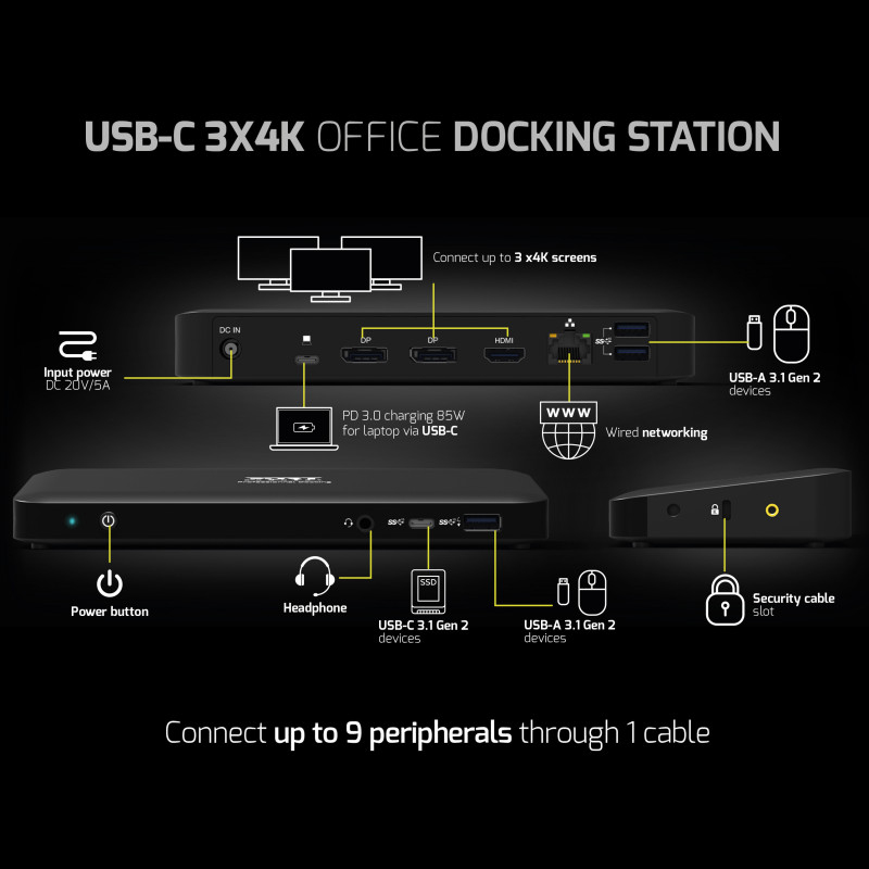 USB-C 3X4K OFFICE DOCKING STATION - 3x USB-A / USB-C / 2x DP / HDMI / Gbe / Combo 3.5mm - 85W USB Power Delivery - EU