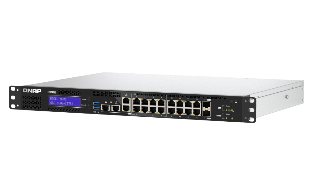 2.5GbE ports 8 1GbE ports 2 SFP+ 10GbE. 96W total power consumption (QGD-1602-C3758-16G)