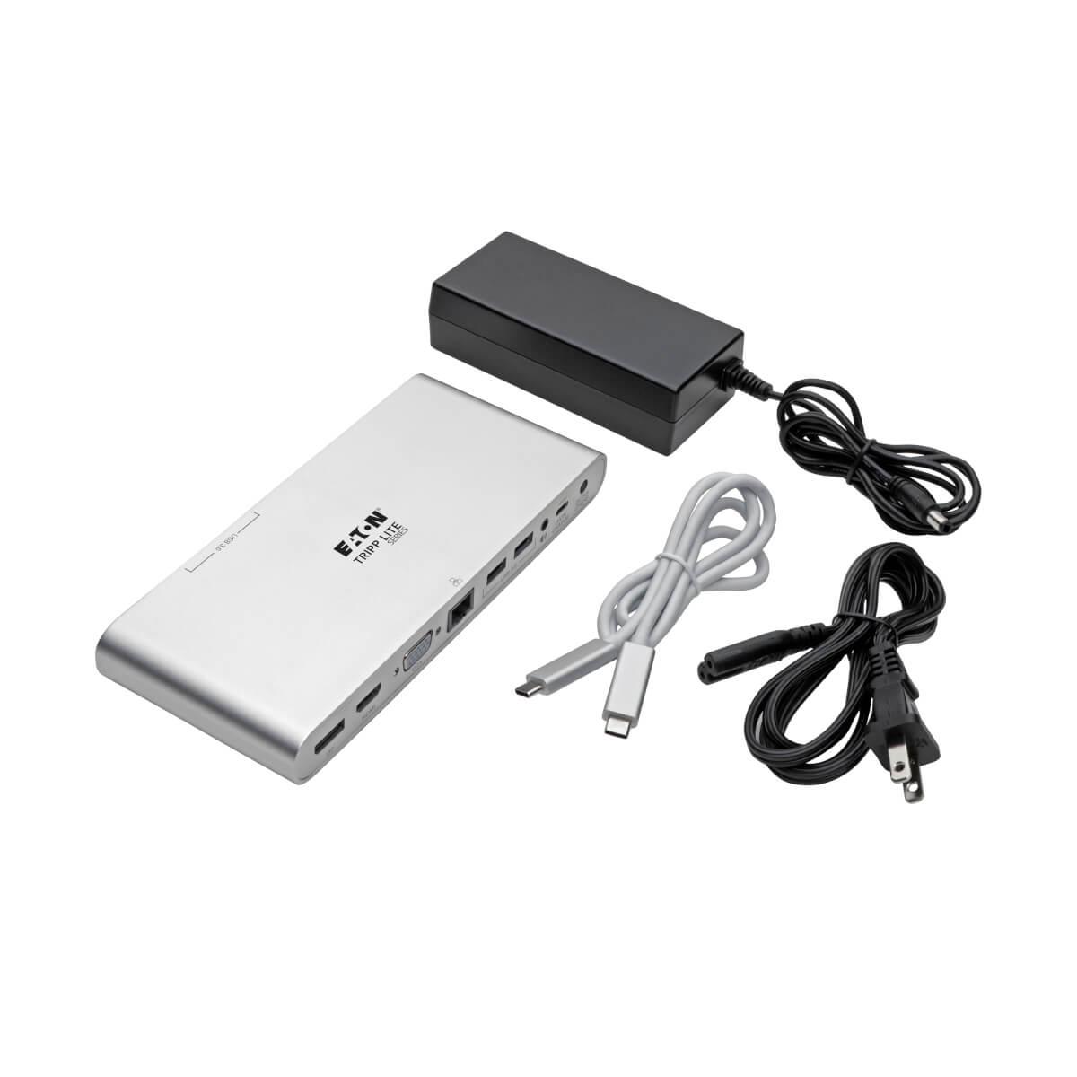 TRIPP LITE Docking Station USB-C - HDMI, VGA, DP, USB-A/C, GbE - 4K @ 30 Hz, Thunderbolt 3 - 100W PD Charging with Power Supply - Silver