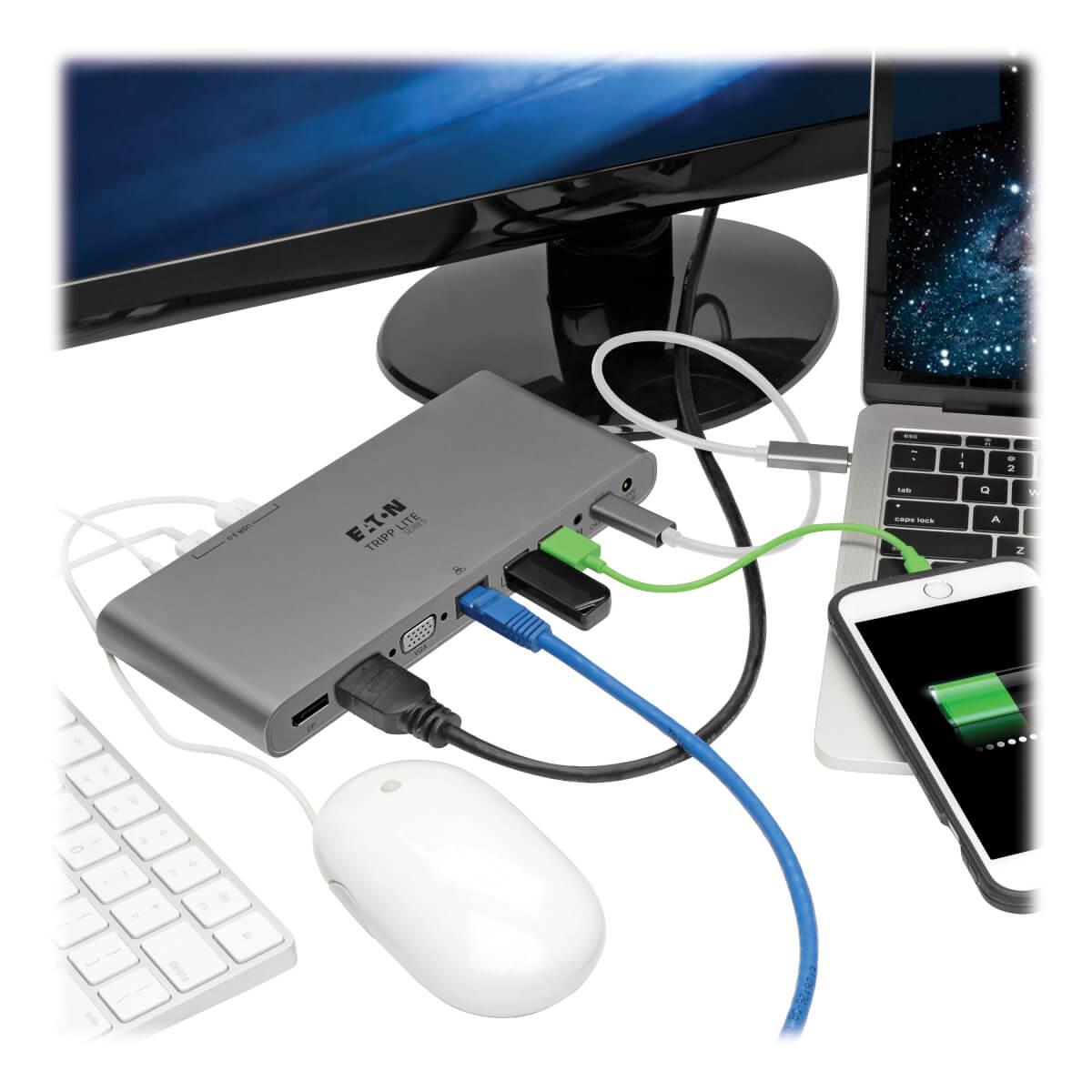 TRIPP LITE Docking Station USB-C - HDMI, VGA, DP, USB-A/C, GbE - 4K @ 30 Hz, Thunderbolt 3 - 100W PD Charging with Power Supply - Silver