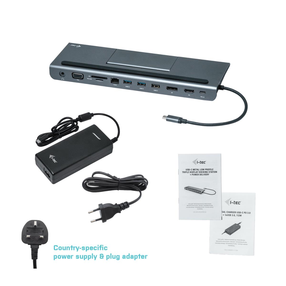 Docking Station Metal Low Profile - USB-c 4k Triple Display - Power Delivery 85w + I-tec Universal Charger 112w