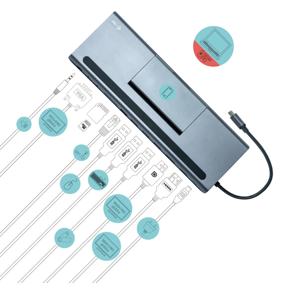 Docking Station Metal Low Profile - USB-c 4k Triple Display - Power Delivery 85w + I-tec Universal Charger 112w