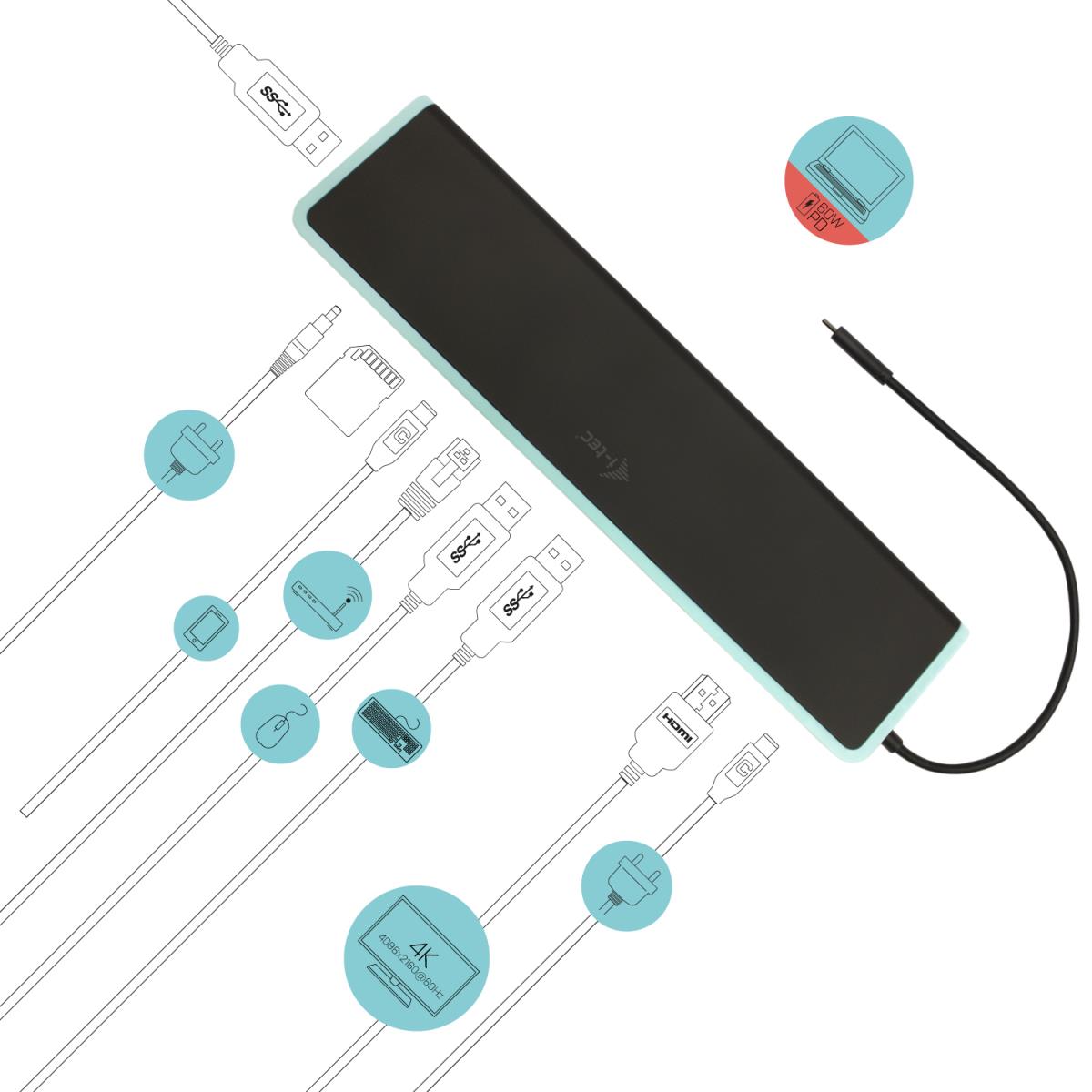 Docking Station Flat - USB-c - Power Delivery 60w + I-tec Universal Charger 60w