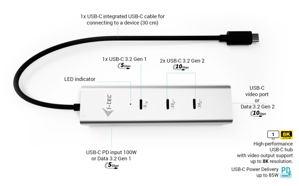 USB-c Charging Metal Hub 5 Port With USB-c Video 8k + Power Delivery 85w