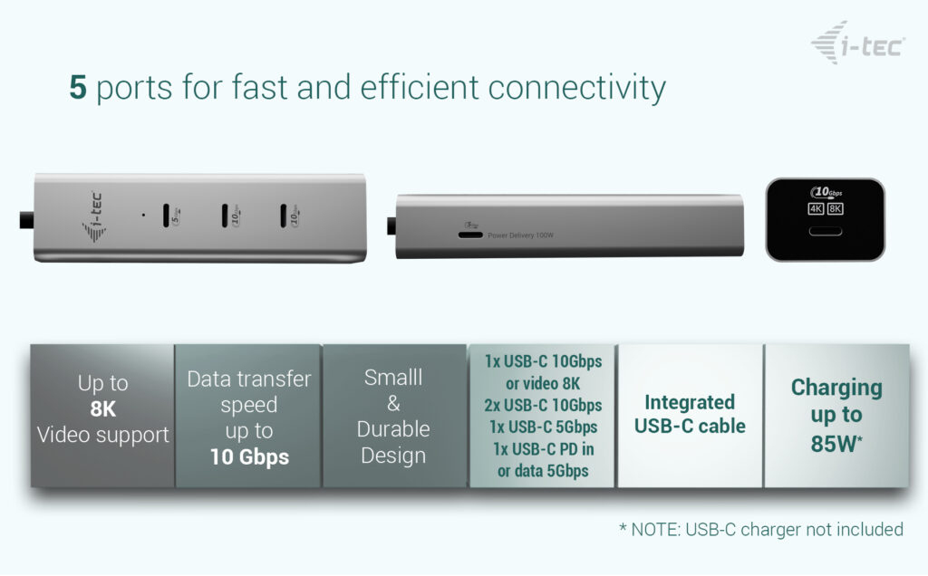 USB-c Charging Metal Hub 5 Port With USB-c Video 8k + Power Delivery 85w