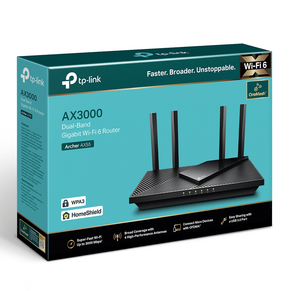 Wireless Wi-Fi 6 Router Ax3000 Archer Ax55 Dual Band Gigabit Black