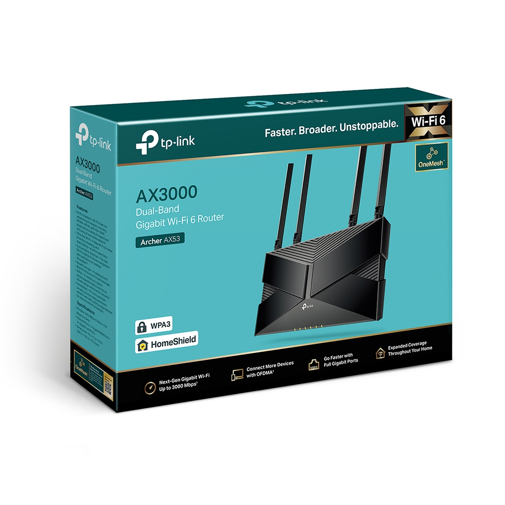 Wireless Wi-Fi 6 Router Ax3000 Archer Ax53 Dual Band Gigabit Black