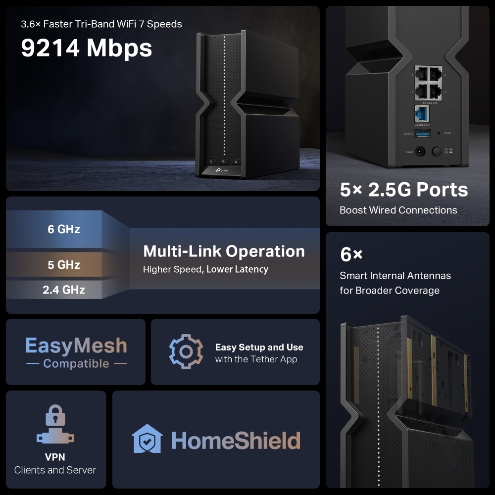 Wireless Wi-Fi 7 Router Be9300 Archer Be550 Triband Band Black