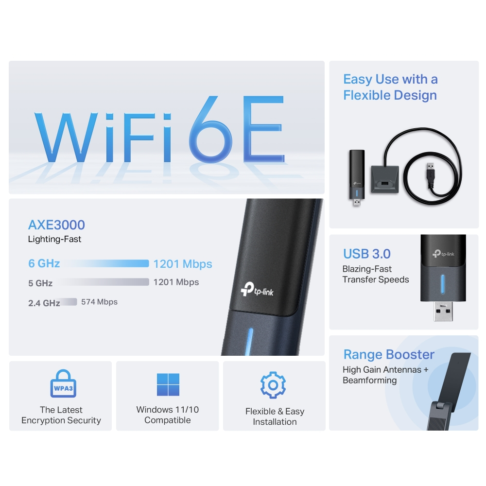 Wireless USB Adapter Archer Txe50uh Axe3000 Wi-Fi 6e High Gain