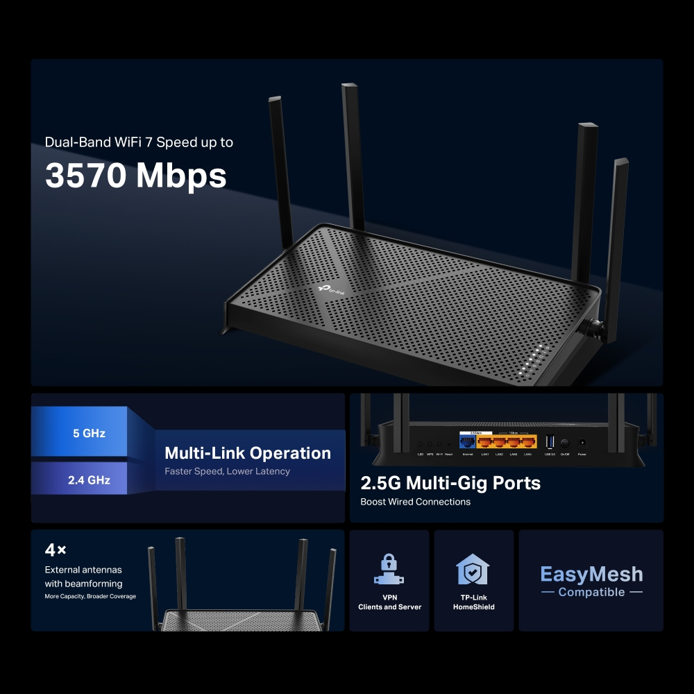 Wireless Wi-Fi 7 Router Be3600 Archer Be230 Dual Band Black