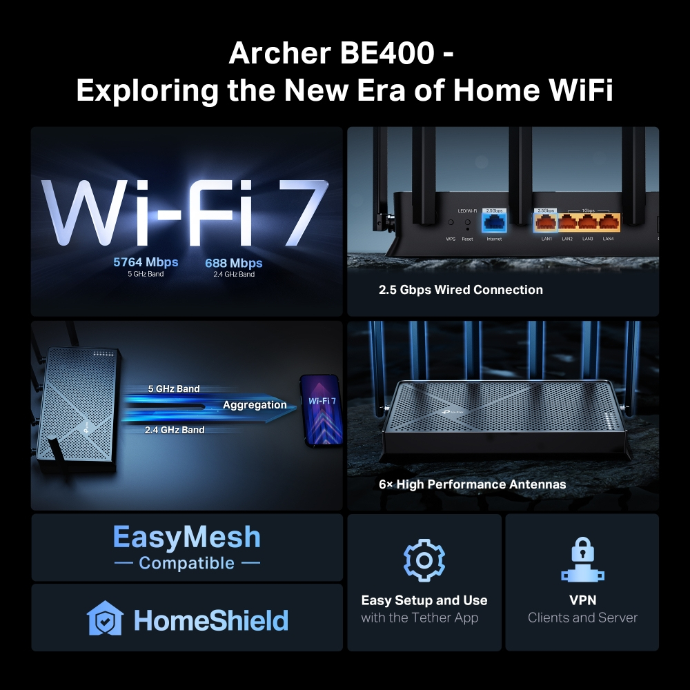 Wireless Wi-Fi 7 Router Be400 Archer Be6500 Dual Band Black