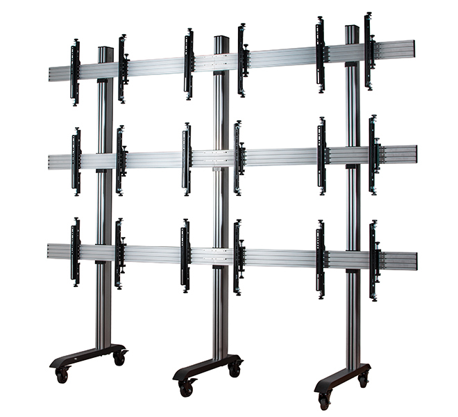 Monitor Mount - Mobile Videowall Stand - Universal 3 X 3 - 46in - 55in - Black / Silver Column