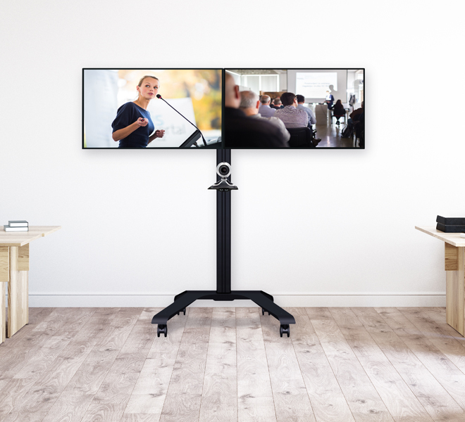 Universal Twin Screen Vc Trolley, Includes Vc Shelf, 39in - 46in, 40kg, 1318mm, Black