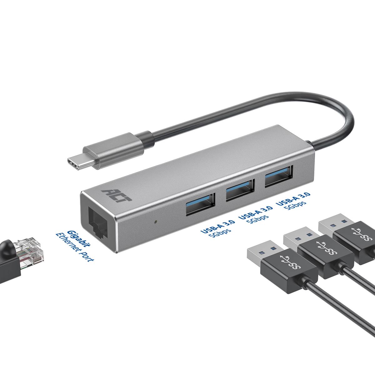 USB-C Hub and Ethernet Adapter 3x USB A female / 1 Gigabit network port