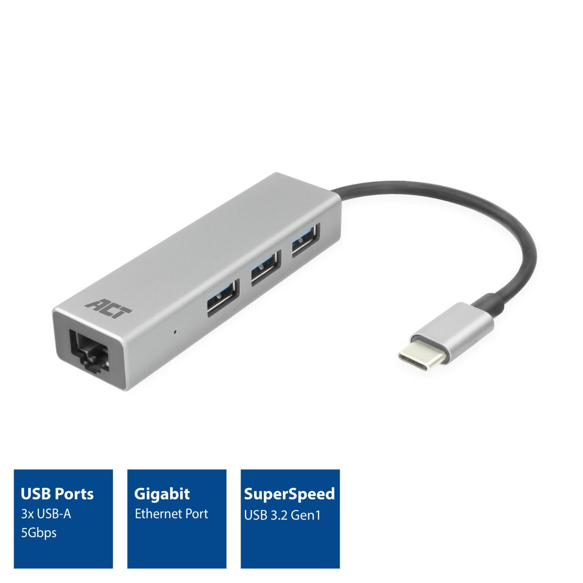 USB-C Hub and Ethernet Adapter 3x USB A female / 1 Gigabit network port